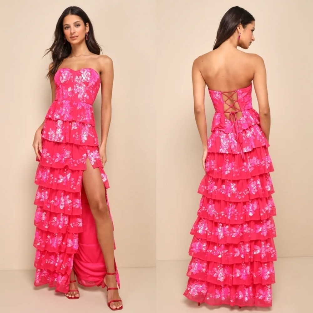 Lulus Definite Glamour Hot Pink Sequin Strapless Bustier Maxi Dress Party Prom
